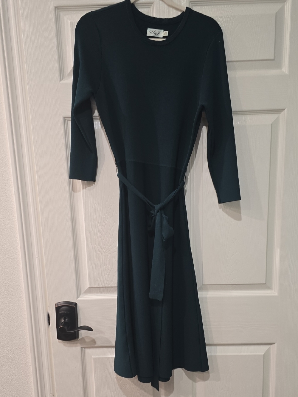 Eliza J Emerald Green Long Sleeve Tie-Waist Skater Style Knit Midi Dress